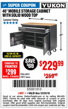 Harbor Freight Coupon YUKON 46 IN. MOBILE WORKBENCH WITH SOLID WOOD TOP Lot No. 64012/57779/57780 Expired: 12/24/19 - $229.99