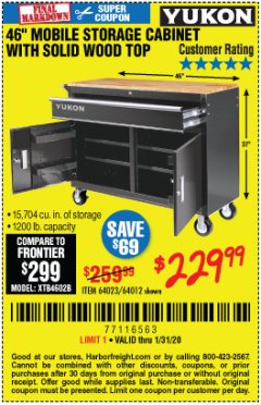 Harbor Freight Coupon YUKON 46" MOBILE WORKBENCH WITH SOLID WOOD TOP Lot No. 64023/64012 Expired: 1/31/20 - $229.99