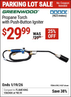 Harbor Freight Coupon GREENWOOD PROPANE TORCH WITH PUSH-BUTTON IGNITER Lot No. 91037/61595 Expired: 12/31/69 - $29.99