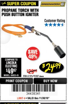 Harbor Freight Coupon PROPANE TORCH WITH PUSH BUTTON IGNITER Lot No. 61595/57062/91037 Expired: 11/30/18 - $24.99