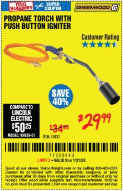 Harbor Freight Coupon PROPANE TORCH WITH PUSH BUTTON IGNITER Lot No. 61595/57062/91037 Expired: 1/31/20 - $29.99