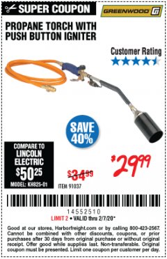 Harbor Freight Coupon PROPANE TORCH WITH PUSH BUTTON IGNITER Lot No. 61595/57062/91037 Expired: 2/7/20 - $29.99
