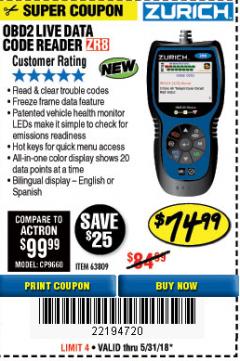 Harbor Freight Coupon ZURICH OBD2 CODE READER WITH LIVE DATA ZR8 Lot No. 63809 Expired: 5/31/18 - $74.99