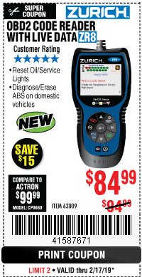 Harbor Freight Coupon ZURICH OBD2 CODE READER WITH LIVE DATA ZR8 Lot No. 63809 Expired: 2/17/19 - $84.99