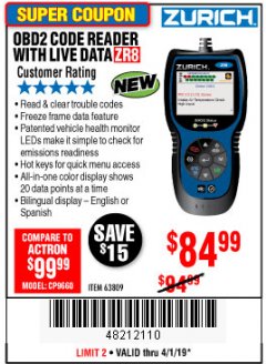 Harbor Freight Coupon ZURICH OBD2 CODE READER WITH LIVE DATA ZR8 Lot No. 63809 Expired: 4/1/19 - $84.99