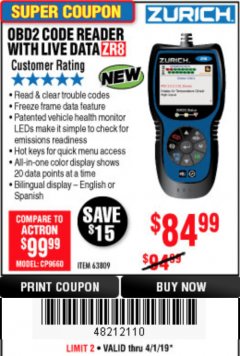 Harbor Freight Coupon ZURICH OBD2 CODE READER WITH LIVE DATA ZR8 Lot No. 63809 Expired: 4/1/19 - $84.99