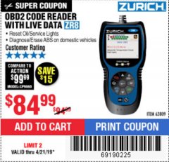 Harbor Freight Coupon ZURICH OBD2 CODE READER WITH LIVE DATA ZR8 Lot No. 63809 Expired: 4/21/19 - $84.99