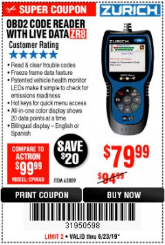 Harbor Freight Coupon ZURICH OBD2 CODE READER WITH LIVE DATA ZR8 Lot No. 63809 Expired: 6/23/19 - $79.99