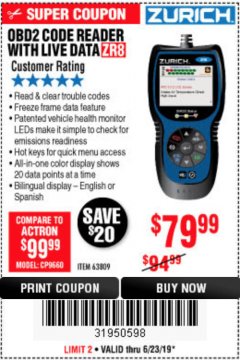 Harbor Freight Coupon ZURICH OBD2 CODE READER WITH LIVE DATA ZR8 Lot No. 63809 Expired: 6/23/19 - $79.99