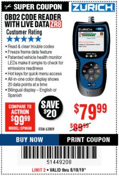 Harbor Freight Coupon ZURICH OBD2 CODE READER WITH LIVE DATA ZR8 Lot No. 63809 Expired: 8/18/19 - $79.99