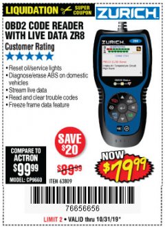 Harbor Freight Coupon ZURICH OBD2 CODE READER WITH LIVE DATA ZR8 Lot No. 63809 Expired: 10/31/19 - $79.99