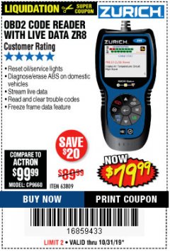 Harbor Freight Coupon ZURICH OBD2 CODE READER WITH LIVE DATA ZR8 Lot No. 63809 Expired: 10/31/19 - $79.99