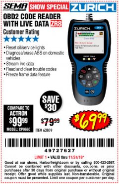 Harbor Freight Coupon ZURICH OBD2 CODE READER WITH LIVE DATA ZR8 Lot No. 63809 Expired: 11/24/19 - $69.99