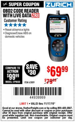 Harbor Freight Coupon ZURICH OBD2 CODE READER WITH LIVE DATA ZR8 Lot No. 63809 Expired: 11/17/19 - $69.99