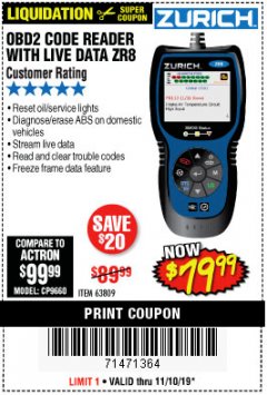 Harbor Freight Coupon ZURICH OBD2 CODE READER WITH LIVE DATA ZR8 Lot No. 63809 Expired: 11/10/19 - $79.99