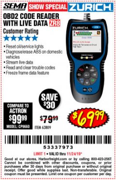 Harbor Freight Coupon ZURICH OBD2 CODE READER WITH LIVE DATA ZR8 Lot No. 63809 Expired: 11/24/19 - $69.99