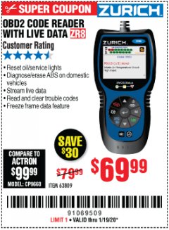 Harbor Freight Coupon ZURICH OBD2 CODE READER WITH LIVE DATA ZR8 Lot No. 63809 Expired: 1/19/20 - $69.99