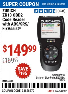 Harbor Freight Coupon ZURICH OBD2 CODE READER WITH LIVE DATA ZR8 Lot No. 63809 Expired: 1/28/21 - $149.99