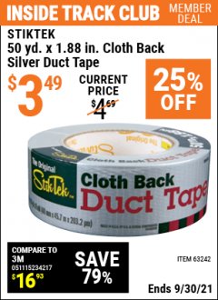 Harbor Freight ITC Coupon STIKTEK 50 YD. X 1.88 IN. CLOTH-BACK SILVER DUCT TAPE Lot No. 63242 Expired: 9/30/21 - $3.49