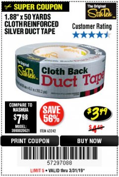 Harbor Freight Coupon 1.88" X 50 YARDS CLOTH REINFORCED SILVER DUCT TAPE Lot No. 63242 Expired: 3/31/19 - $3.49