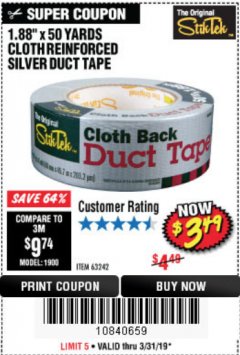 Harbor Freight Coupon 1.88" X 50 YARDS CLOTH REINFORCED SILVER DUCT TAPE Lot No. 63242 Expired: 3/31/19 - $3.49