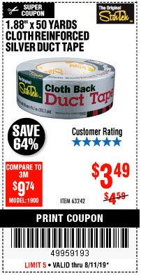 Harbor Freight Coupon 1.88" X 50 YARDS CLOTH REINFORCED SILVER DUCT TAPE Lot No. 63242 Expired: 8/11/19 - $3.49