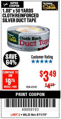 Harbor Freight Coupon STIKTEK 50 YD. X 1.88 IN. CLOTH-BACK SILVER DUCT TAPE Lot No. 63242 Expired: 8/11/19 - $3.49