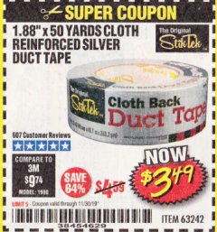 Harbor Freight Coupon 1.88" X 50 YARDS CLOTH REINFORCED SILVER DUCT TAPE Lot No. 63242 Expired: 11/30/19 - $3.49