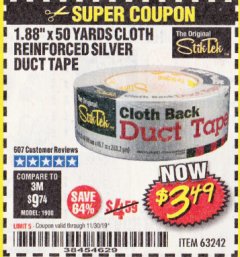Harbor Freight Coupon STIKTEK 50 YD. X 1.88 IN. CLOTH-BACK SILVER DUCT TAPE Lot No. 63242 Expired: 11/30/19 - $3.49