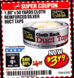 Harbor Freight Coupon 1.88" X 50 YARDS CLOTH REINFORCED SILVER DUCT TAPE Lot No. 63242 Expired: 6/30/20 - $3.49