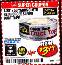 Harbor Freight Coupon STIKTEK 50 YD. X 1.88 IN. CLOTH-BACK SILVER DUCT TAPE Lot No. 63242 Expired: 6/30/20 - $3.49