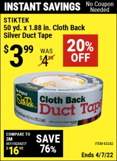 Harbor Freight Coupon 1.88" X 50 YARDS CLOTH REINFORCED SILVER DUCT TAPE Lot No. 63242 Expired: 4/7/22 - $3.99