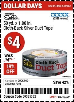 Harbor Freight Coupon STIKTEK 50 YD. X 1.88 IN. CLOTH-BACK SILVER DUCT TAPE Lot No. 63242 Valid Thru: 10/7/26 - $4