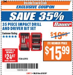 Harbor Freight ITC Coupon 35 PIECE IMPACT DRILL AND DRIVER BIT SET Lot No. 63910 Expired: 9/18/18 - $15.99