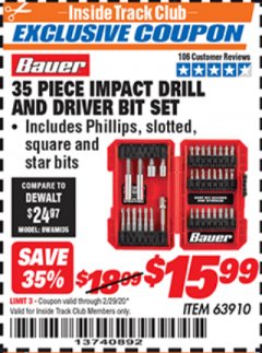 Harbor Freight ITC Coupon 35 PIECE IMPACT DRILL AND DRIVER BIT SET Lot No. 63910 Expired: 2/29/20 - $15.99