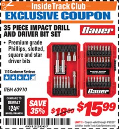 Harbor Freight ITC Coupon 35 PIECE IMPACT DRILL AND DRIVER BIT SET Lot No. 63910 Expired: 4/30/20 - $15.99