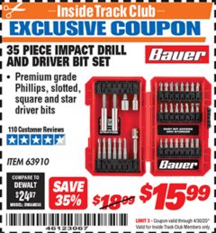 Harbor Freight ITC Coupon BAUER IMPACT DRILL AND DRIVER BIT SET, 35-PIECE Lot No. 63910 Expired: 4/30/20 - $15.99