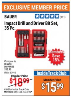 Harbor Freight ITC Coupon 35 PIECE IMPACT DRILL AND DRIVER BIT SET Lot No. 63910 Expired: 12/3/20 - $15.99