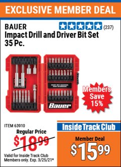 Harbor Freight ITC Coupon 35 PIECE IMPACT DRILL AND DRIVER BIT SET Lot No. 63910 Expired: 3/25/21 - $15.99