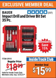 Harbor Freight ITC Coupon BAUER IMPACT DRILL AND DRIVER BIT SET, 35-PIECE Lot No. 63910 Expired: 3/25/21 - $15.99