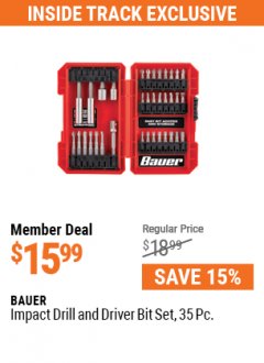 Harbor Freight ITC Coupon BAUER IMPACT DRILL AND DRIVER BIT SET, 35-PIECE Lot No. 63910 Expired: 5/31/21 - $15.99