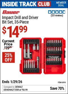 Harbor Freight ITC Coupon BAUER IMPACT DRILL AND DRIVER BIT SET, 35-PIECE Lot No. 63910 Valid Thru: 1/29/26 - $14.99