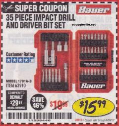 Harbor Freight Coupon BAUER IMPACT DRILL AND DRIVER BIT SET, 35-PIECE Lot No. 63910 Expired: 6/30/18 - $15.99