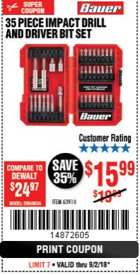Harbor Freight Coupon BAUER IMPACT DRILL AND DRIVER BIT SET, 35-PIECE Lot No. 63910 Expired: 9/2/18 - $15.99