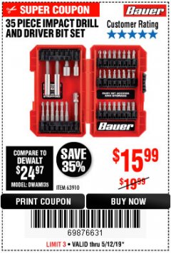 Harbor Freight Coupon BAUER IMPACT DRILL AND DRIVER BIT SET, 35-PIECE Lot No. 63910 Expired: 5/12/19 - $15.99