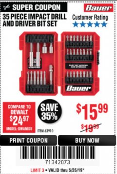 Harbor Freight Coupon 35 PIECE IMPACT DRILL AND DRIVER BIT SET Lot No. 63910 Expired: 5/26/19 - $15.99