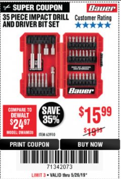Harbor Freight Coupon BAUER IMPACT DRILL AND DRIVER BIT SET, 35-PIECE Lot No. 63910 Expired: 5/26/19 - $15.99