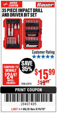 Harbor Freight Coupon 35 PIECE IMPACT DRILL AND DRIVER BIT SET Lot No. 63910 Expired: 6/16/19 - $15.99