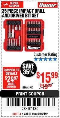 Harbor Freight Coupon BAUER IMPACT DRILL AND DRIVER BIT SET, 35-PIECE Lot No. 63910 Expired: 6/16/19 - $15.99