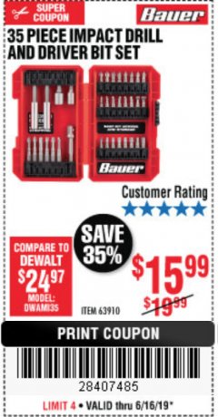 Harbor Freight Coupon BAUER IMPACT DRILL AND DRIVER BIT SET, 35-PIECE Lot No. 63910 Expired: 6/30/19 - $15.99